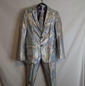 Opposuits Checkered Metallic Disco Men's Suit Silver Black Jacket Tie Slacks